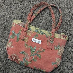 April Cornell Coral Floral Tapestry Tote with Braided Handles
